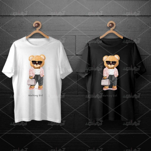 طرح لایه باز خرس تدی با عینک و کت و کیف صورتی برای چاپ روی انواع تیشرت